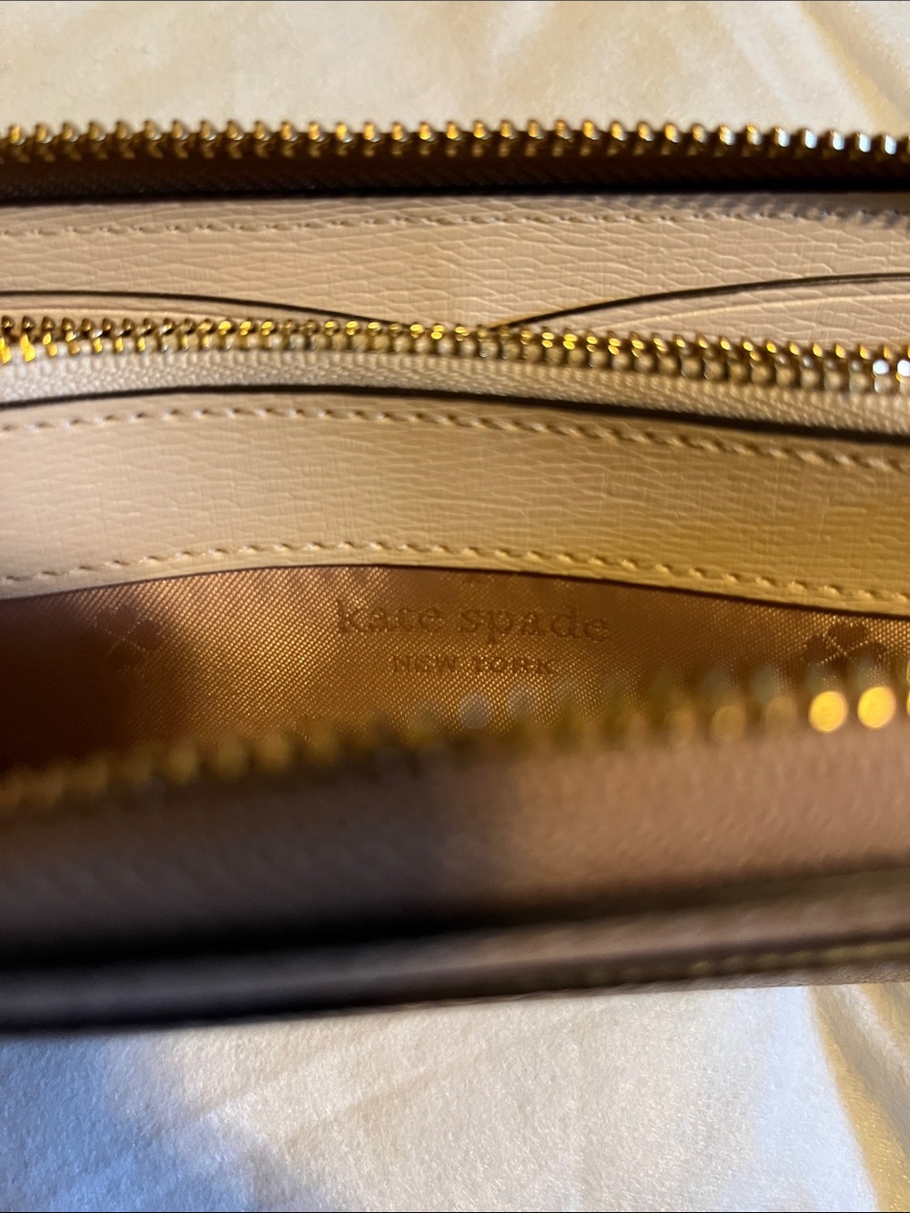 kate spade Cream Leather Zip Card Case with Gold Hardware
